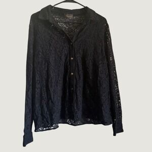 Bold Elements Black Floral‎ Lace Button Down Shirt Sheer Long Sleeve Blouse